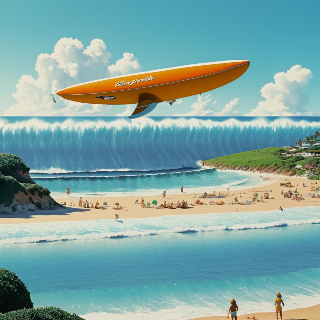 Surreal 70s Beach Scene with Whale