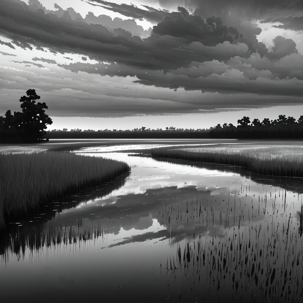 Serene Greyscale Marshy Delta Scene