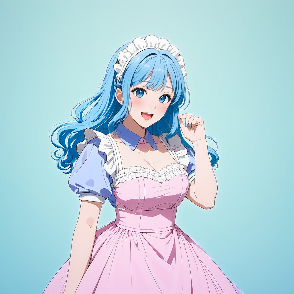 Giggling Blue-Haired Girl in Maid Outfit