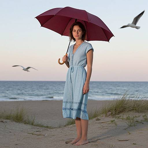 Photograph of a young woman with light skin and dark hair, wearing a light blue dress, holding a red umbrella, standing barefoot on a sandy