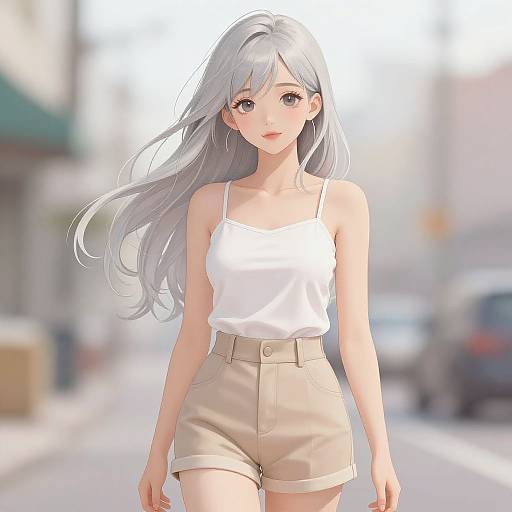 Anime-style digital drawing of a cute, silver-haired girl in a white tank top and beige shorts, walking down a sunlit, blurred city street.