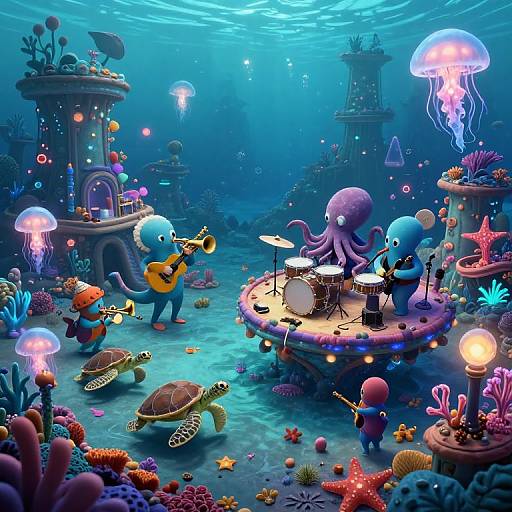 Vibrant underwater scene: cartoonish blue octopus and fish play instruments on drum set, surrounded by colorful coral, jellyfish, and sea turtles