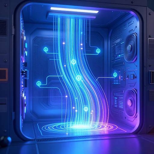 Photograph of a futuristic, blue-lit, high-tech cabinet with glowing, neon blue and purple lines cascading from the ceiling, surrounded by digital