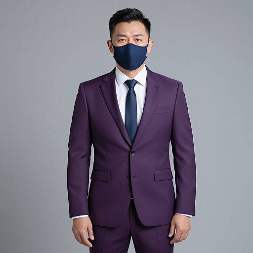 Photograph of an Asian man in a dark purple suit, white shirt, black tie, and black face mask, standing against a plain gray background.