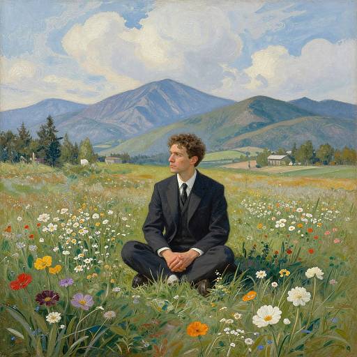 Photorealistic painting of a curly-haired man in a black suit sitting cross-legged in a colorful wildflower meadow with mountains and cloudy sky in the