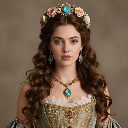 Photograph of a fair-skinned woman with long, wavy brown hair, wearing a floral crown, turquoise jewelry, and an ornate, off