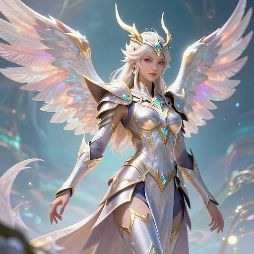 Digital artwork of a white-haired, angelic warrior woman with glowing wings, wearing silver and blue armor with gold accents, set against a radiant, eth