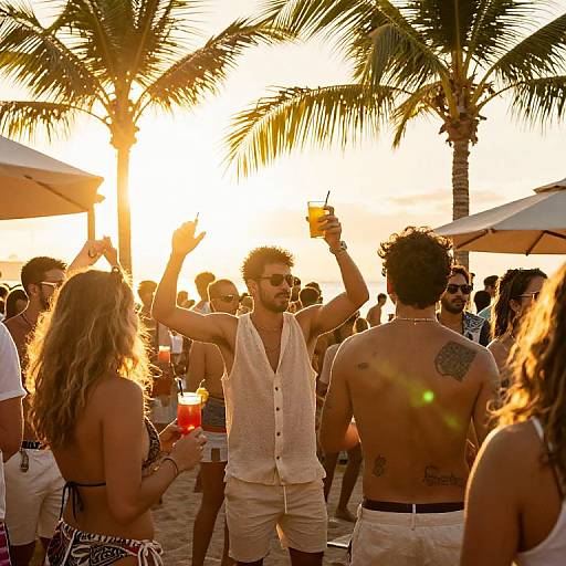 Sunset beach party photograph: Shirtless man with tattoo, white vest, and raised drink; surrounded by beachgoers, palm trees, and warm