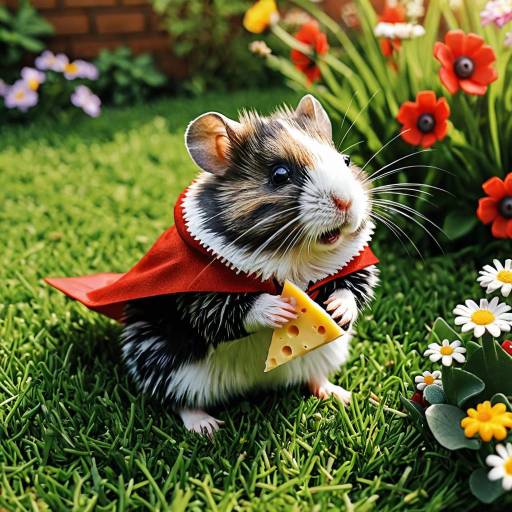 Hamster in Red Cape Holding Cheese in Garden