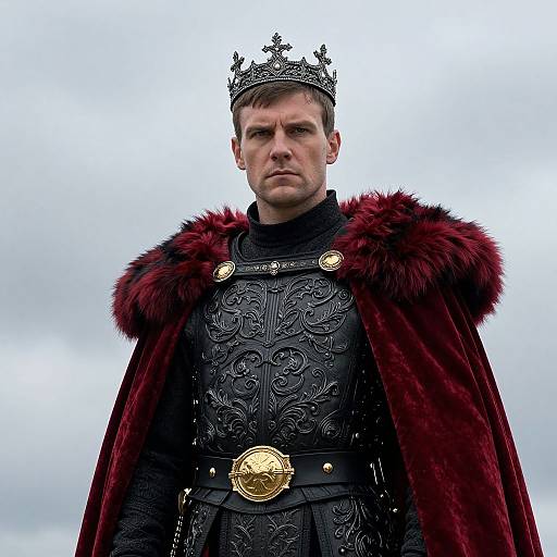 Photograph of a serious, fair-skinned man with short brown hair, wearing a black ornate armor, red fur-trimmed cape, and