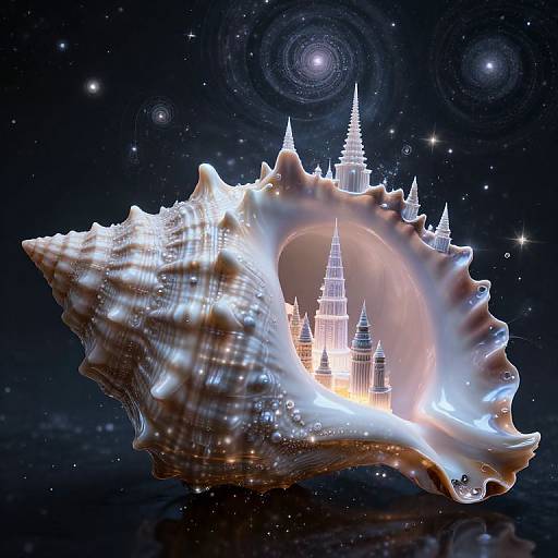 Digital artwork of a glowing, intricate castle within a shimmering, spiral seashell against a starry, cosmic background with galaxies.
