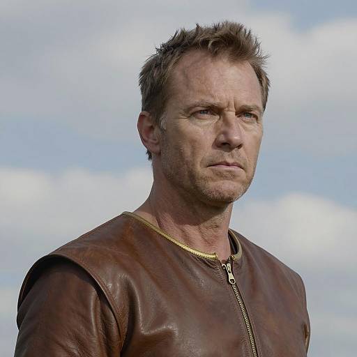 Serious Middle-Aged Man in Leather Tunic