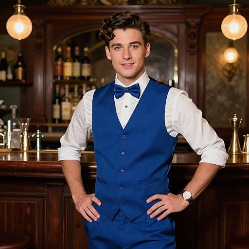 Photograph of a handsome young man with wavy brown hair, wearing a blue vest, white shirt, and bow tie, standing confidently in a dim