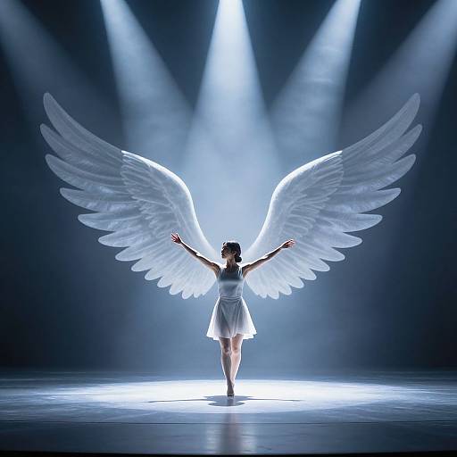 Photograph of a silhouetted angelic woman with large, glowing white wings, standing with arms outstretched, bathed in bright spotlight