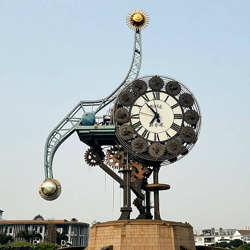 Photograph of a large, intricate clock sculpture with gears, a sun-like top, and a metallic arm with a sphere, set against a clear blue