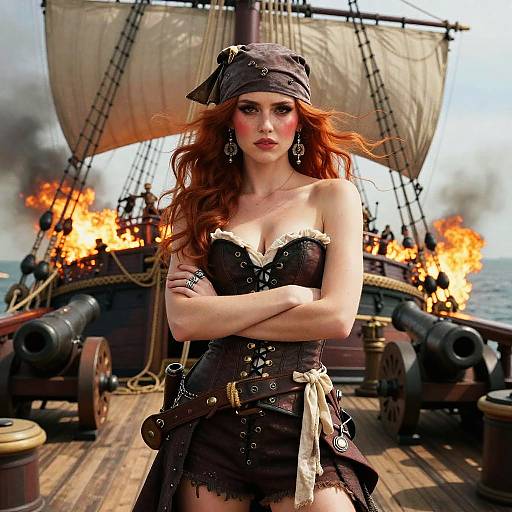 Photorealistic digital image of a fierce red-haired pirate woman with crossed arms, black corset, and bandana, standing on a burning ship.
