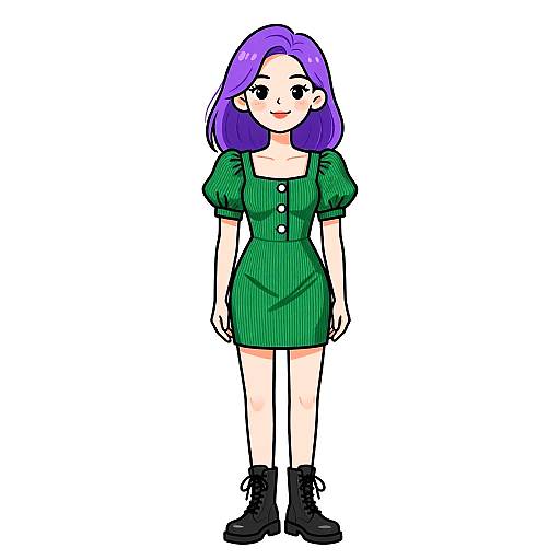 Digital anime-style drawing of a cute girl with purple hair, wearing a green puffed-sleeve dress, black boots, and smiling. White background