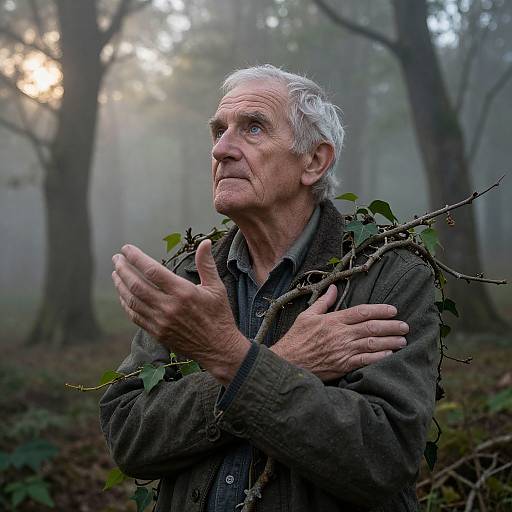 Elderly Man in Misty Forest Double Exposure
