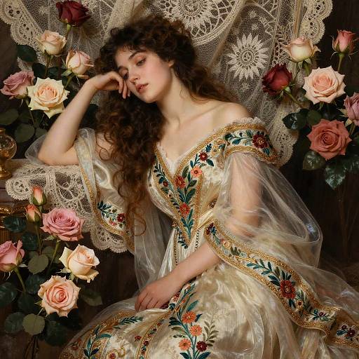 Photorealistic digital painting of a curly-haired woman in an ornate, cream-colored, floral-embroidered dress, surrounded by pink and red