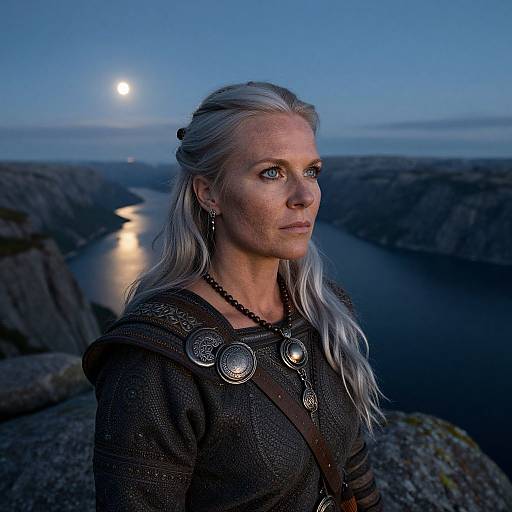 Photograph of a white-haired woman with blue eyes, wearing medieval armor, standing on a rocky cliff at twilight, moonlit river in background.