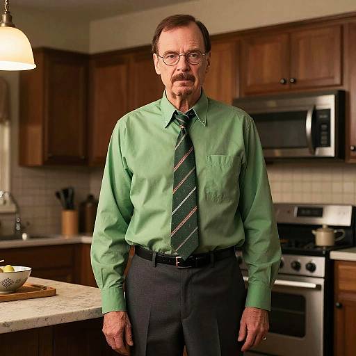 Photograph of an older white man with glasses, green shirt, striped tie, and dark pants standing in a wooden kitchen.