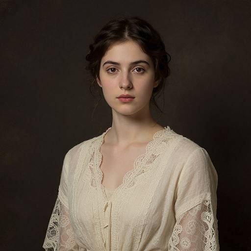 Photograph of a young woman with fair skin, dark hair in a loose bun, wearing a delicate, cream-colored lace blouse, against a black background