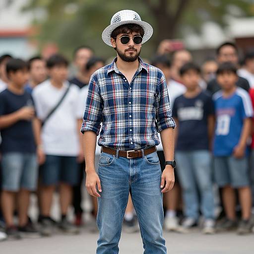 Photograph of a bearded man in a white hat and plaid shirt, standing confidently in front of a blurred crowd.