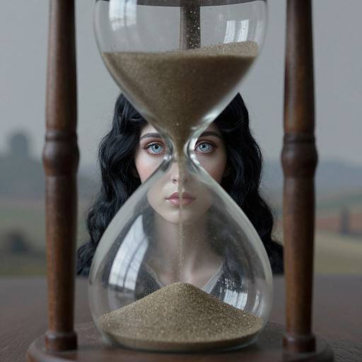 Photorealistic digital artwork of a young woman with blue eyes, long black hair, and pale skin, trapped inside a wooden hourglass with sand,
