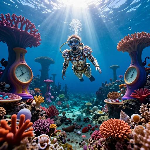 Photograph of a scuba-diving astronaut in elaborate suit, surrounded by colorful coral reefs, underwater clock plants, and sunlight beams.