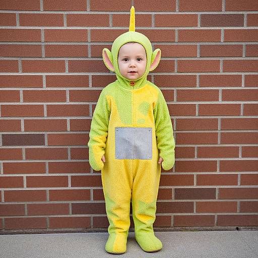 Photograph of a baby in a yellow, fuzzy, elf-like costume with a horn and pointy ears, standing against a red brick wall.