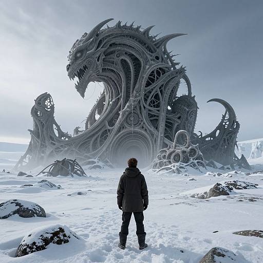 Photorealistic digital artwork: lone figure in black winter gear facing massive, intricate, dragon-like ice structure in snowy, cloudy landscape.