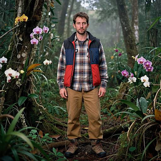 Photograph of a bearded man in a plaid shirt, red and black vest, and khaki pants standing in a lush, misty forest