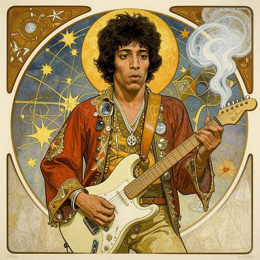 Digital illustration of a curly-haired, brown-eyed man with a halo, wearing a red embroidered jacket, playing a white electric guitar, smoking a cigarette,