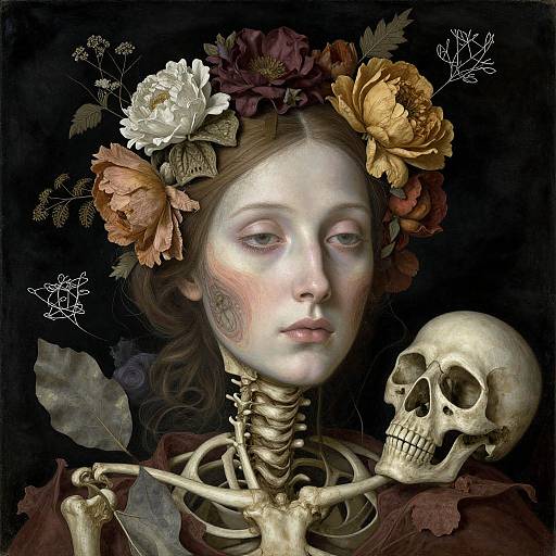 Digital art of a pale, ethereal woman with floral crown, skeletal neck, and skull, set against a dark background.