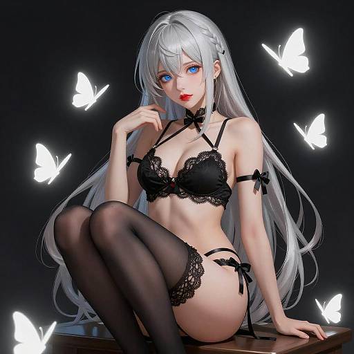 Anime Woman with Silver Hair and Butterflies