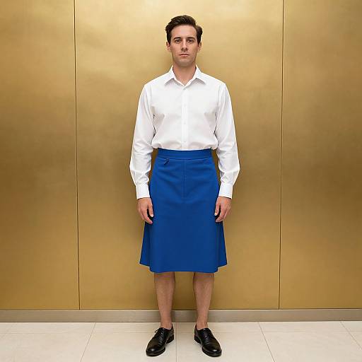 Photograph of a man with short dark hair, wearing a white long-sleeve shirt, blue knee-length skirt, and black shoes, standing against