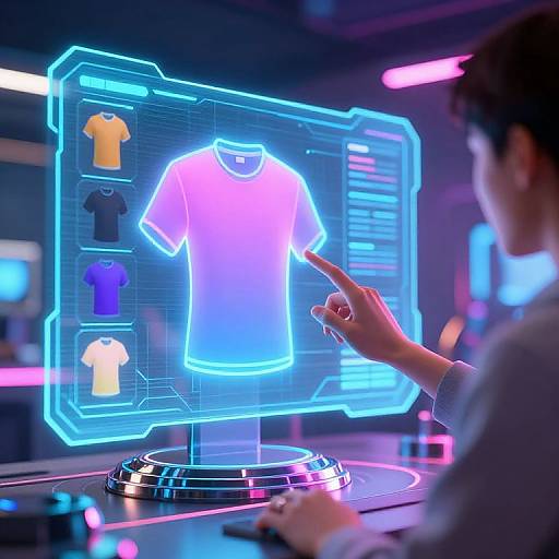 Photorealistic CGI: Neon-lit virtual screen displaying a glowing white shirt, with colorful shirt options on the left, and a person's hand pointing