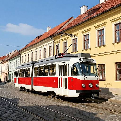 Traditional Czech Tram on Cobblestone Street