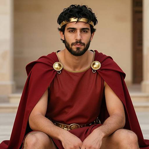Photograph of a bearded man with dark hair, wearing a gold crown, red Roman-style cape, and tunic, seated against a beige architectural