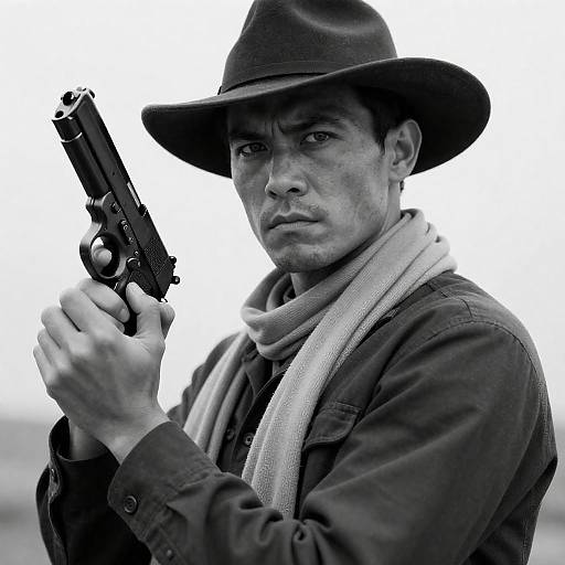 Stern Rugged Gunslinger Black-and-White Portrait