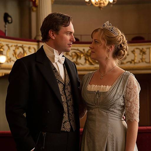 Photograph of a handsome man in a black tuxedo and white shirt, gazing at a beautiful woman in a gray lace dress and tiara