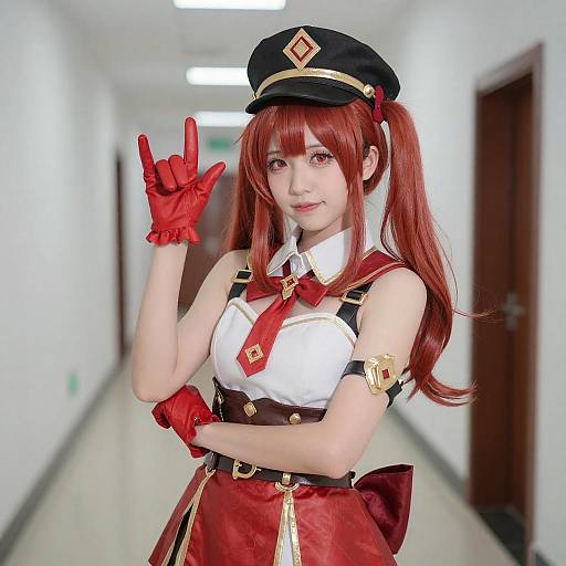 Cosplay Red-Haired Woman Rock Gesture