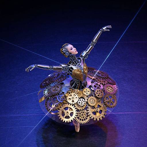 Photograph of a robotic ballerina with metallic arms and legs, wearing a skirt of interlocking golden gears, dancing on a dark blue stage under