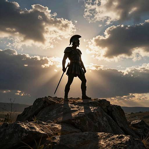 Silhouetted Spartan Hero at Dawn