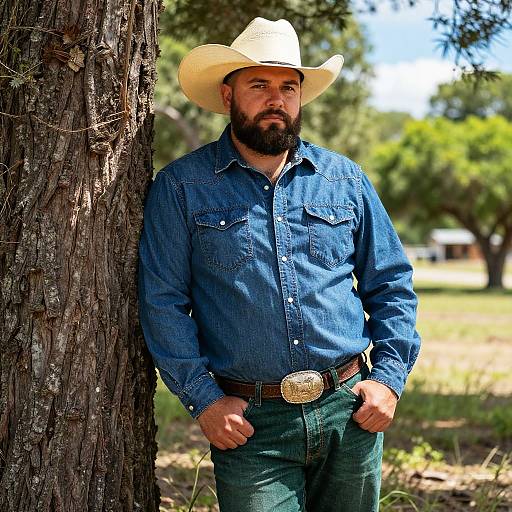 Photograph of a bearded man with a cowboy hat, blue denim shirt, and green pants, standing against a tree in a sunlit, grass