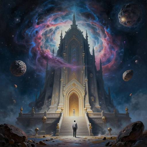 Fantastical digital artwork of a grand, illuminated gothic cathedral with a lone figure ascending steps, surrounded by cosmic clouds and asteroids.