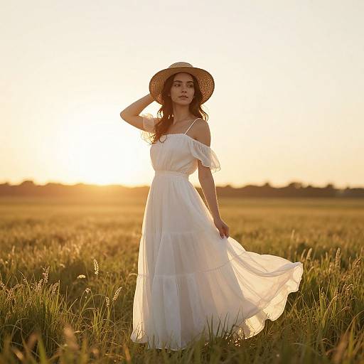 Photograph of a red-haired woman in a white, off-shoulder, flowing dress and straw hat standing in a golden field at sunset.