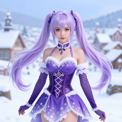 Digital anime-style image of a purple-haired girl with twin tails, wearing a snowflake-patterned, corseted, purple and white winter dress,