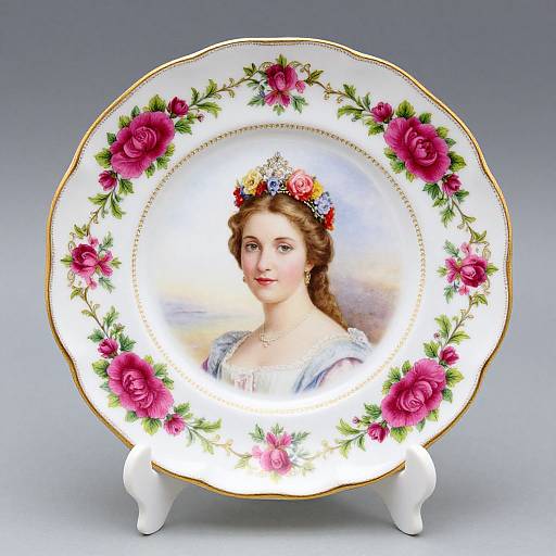 Photograph of a detailed porcelain plate featuring a painted portrait of a young woman with a floral crown, surrounded by pink roses and green leaves, displayed on