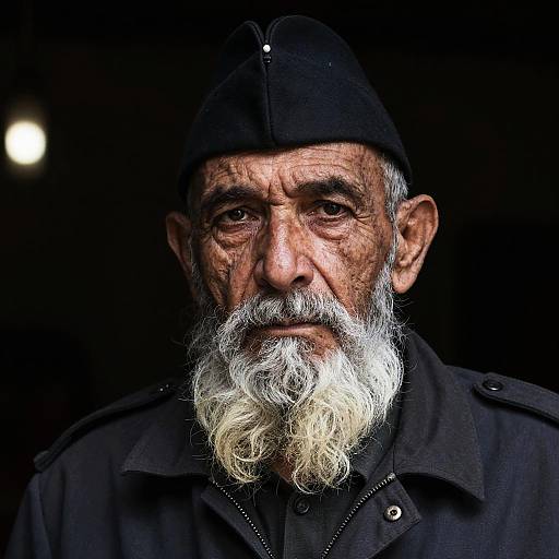 Photograph of an elderly man with a long white beard, wearing a black military-style cap and dark jacket, against a black background. Intense,